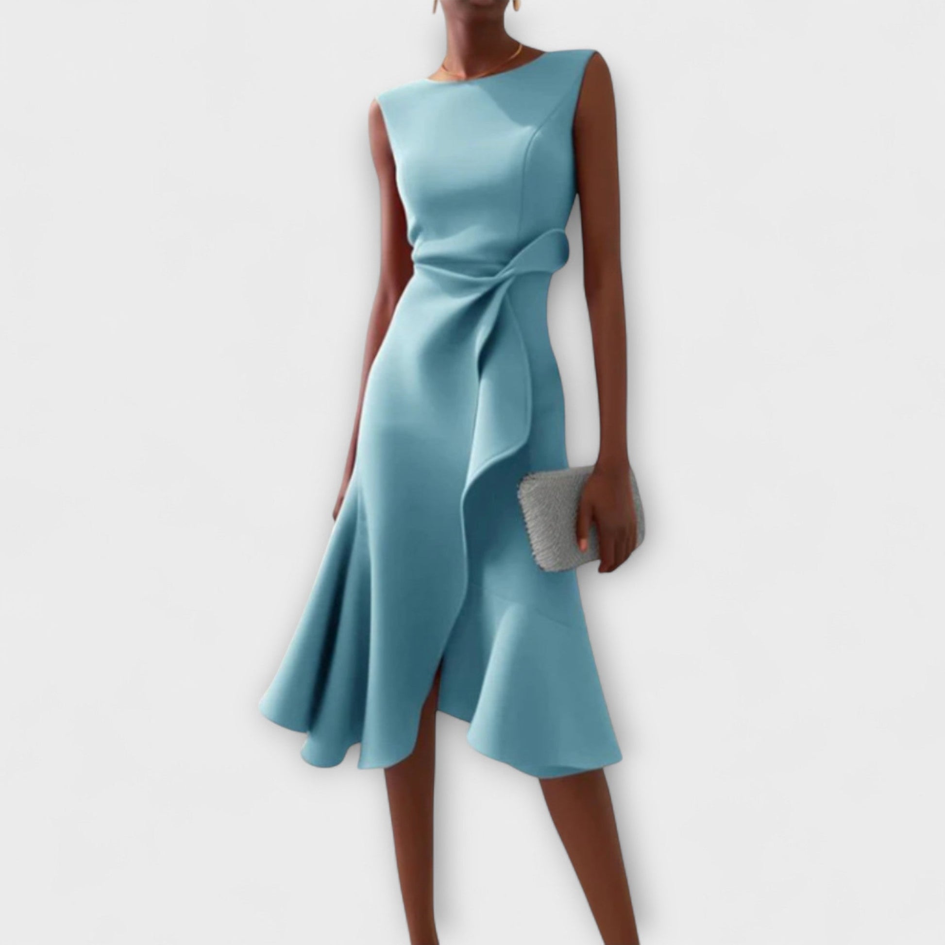 Femme Robe Midi Sans Manches Asymétrique avec Drapé et Ourlet Évasé