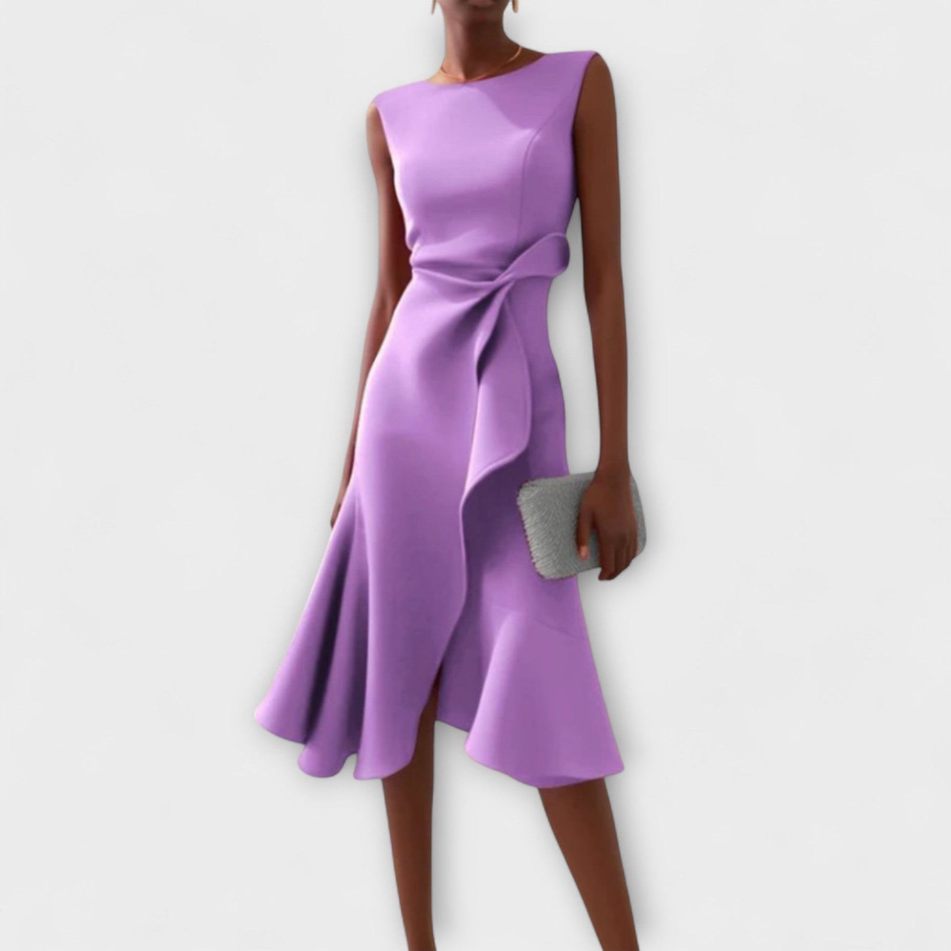 Femme Robe Midi Sans Manches Asymétrique avec Drapé et Ourlet Évasé