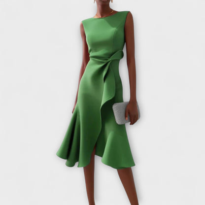 Femme Robe Midi Sans Manches Asymétrique avec Drapé et Ourlet Évasé