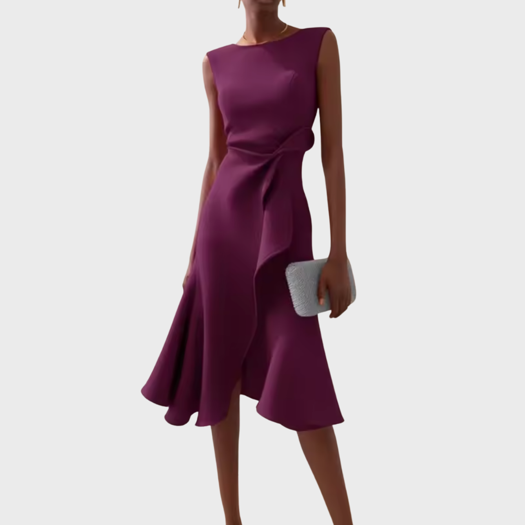 Femme Robe Midi Sans Manches Asymétrique avec Drapé et Ourlet Évasé
