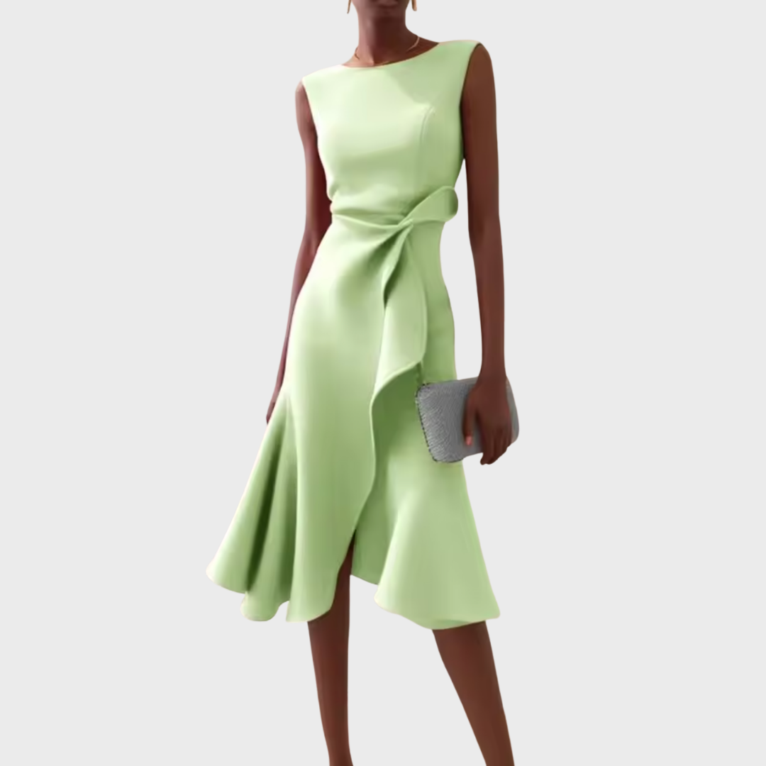 Femme Robe Midi Sans Manches Asymétrique avec Drapé et Ourlet Évasé