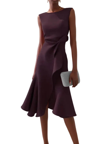 Femme Robe Midi Sans Manches Asymétrique avec Drapé et Ourlet Évasé