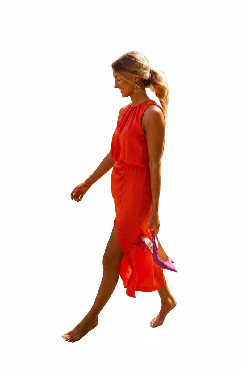 Femme Robe Midi Sans Manches avec Col Rond et Fente Latérale