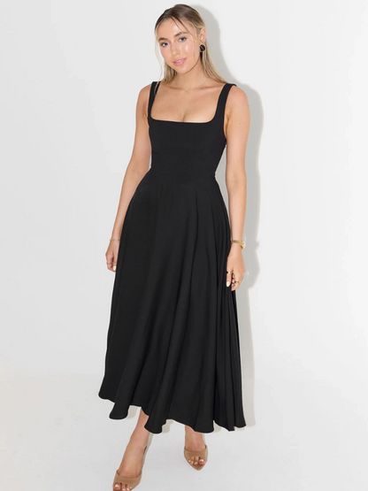 Femme Robe Midi sans Manches avec Décolleté Carré et Jupe Évasée