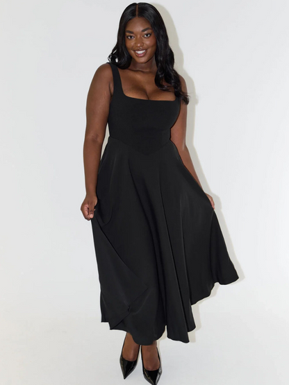 Femme Robe Midi sans Manches avec Décolleté Carré et Jupe Évasée