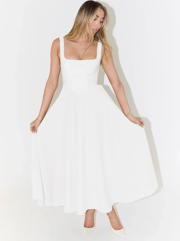 Femme Robe Midi sans Manches avec Décolleté Carré et Jupe Évasée