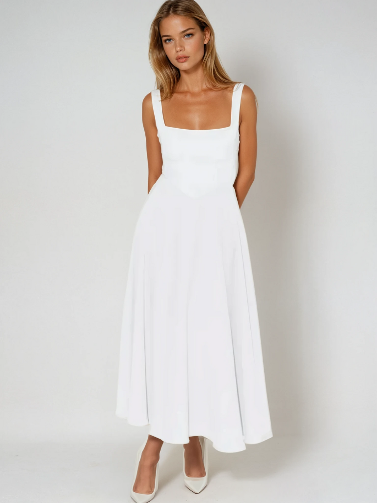 Femme Robe Midi sans Manches avec Décolleté Carré et Jupe Évasée