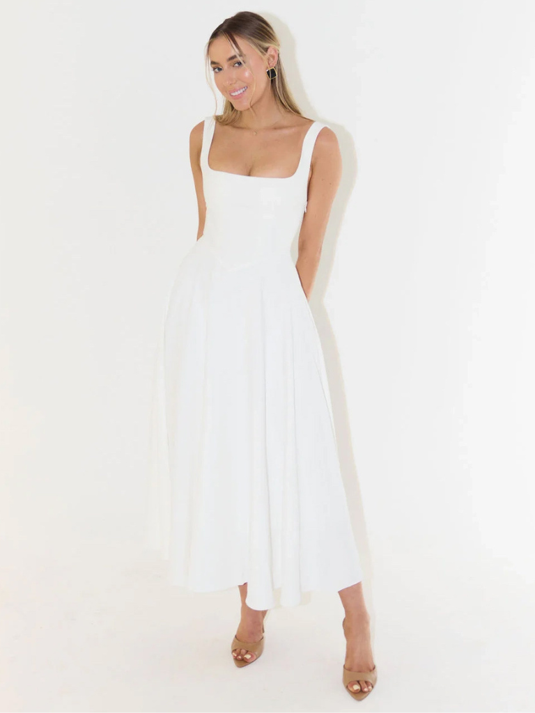Femme Robe Midi sans Manches avec Décolleté Carré et Jupe Évasée