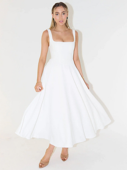 Femme Robe Midi sans Manches avec Décolleté Carré et Jupe Évasée