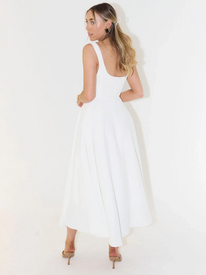 Femme Robe Midi sans Manches avec Décolleté Carré et Jupe Évasée
