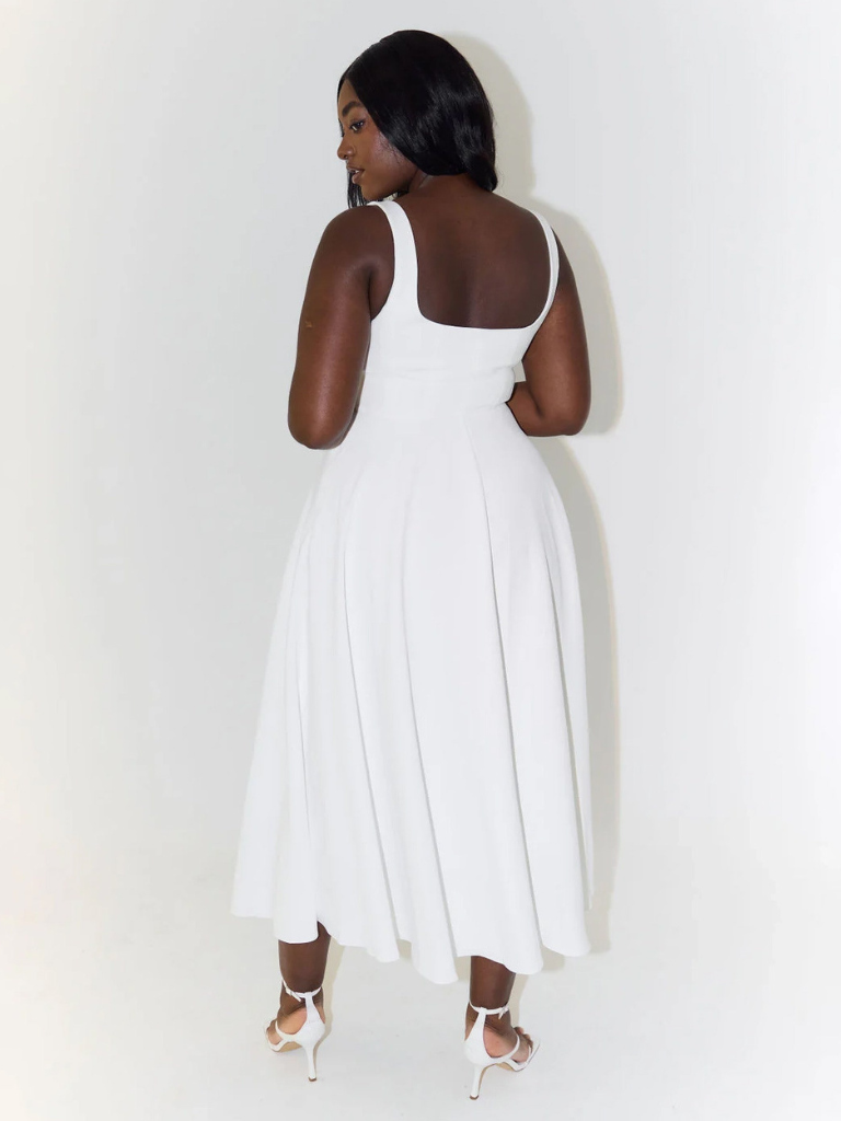 Femme Robe Midi sans Manches avec Décolleté Carré et Jupe Évasée