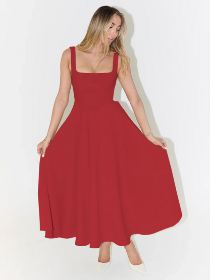 Femme Robe Midi sans Manches avec Décolleté Carré et Jupe Évasée