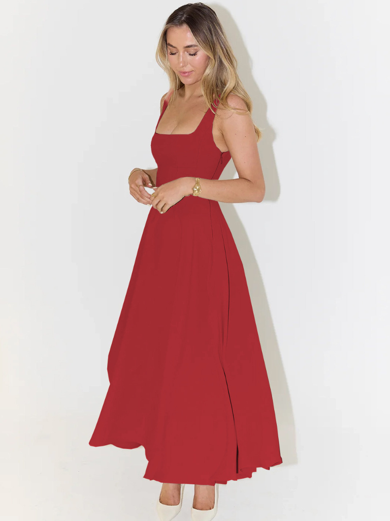 Femme Robe Midi sans Manches avec Décolleté Carré et Jupe Évasée