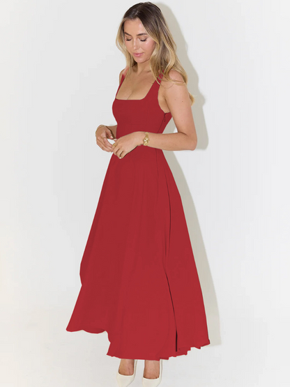 Femme Robe Midi sans Manches avec Décolleté Carré et Jupe Évasée