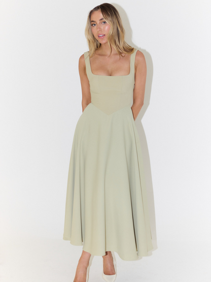 Femme Robe Midi sans Manches avec Décolleté Carré et Jupe Évasée