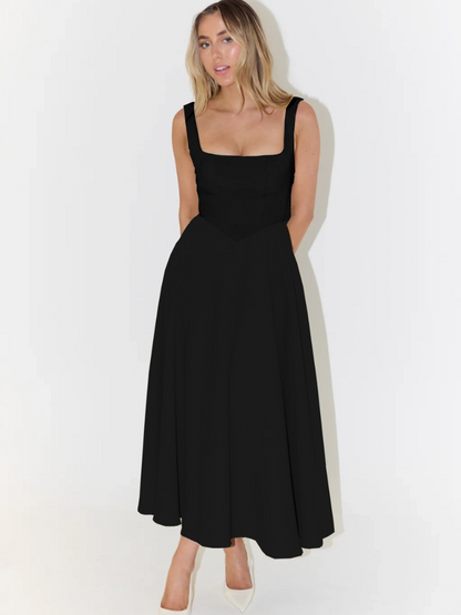 Femme Robe Midi sans Manches avec Décolleté Carré et Jupe Évasée