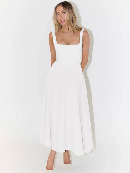 Femme Robe Midi sans Manches avec Décolleté Carré et Jupe Évasée