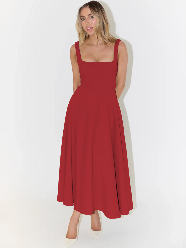 Femme Robe Midi sans Manches avec Décolleté Carré et Jupe Évasée