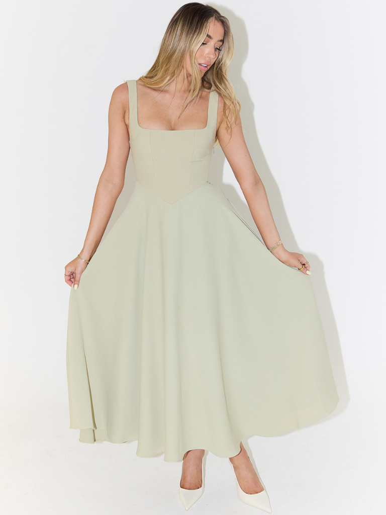 Femme Robe Midi sans Manches avec Décolleté Carré et Jupe Évasée