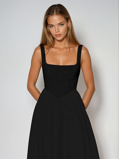 Femme Robe Midi sans Manches avec Décolleté Carré et Jupe Évasée