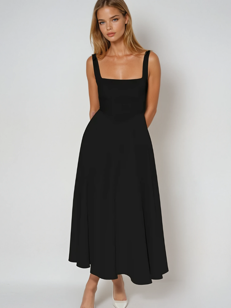 Femme Robe Midi sans Manches avec Décolleté Carré et Jupe Évasée