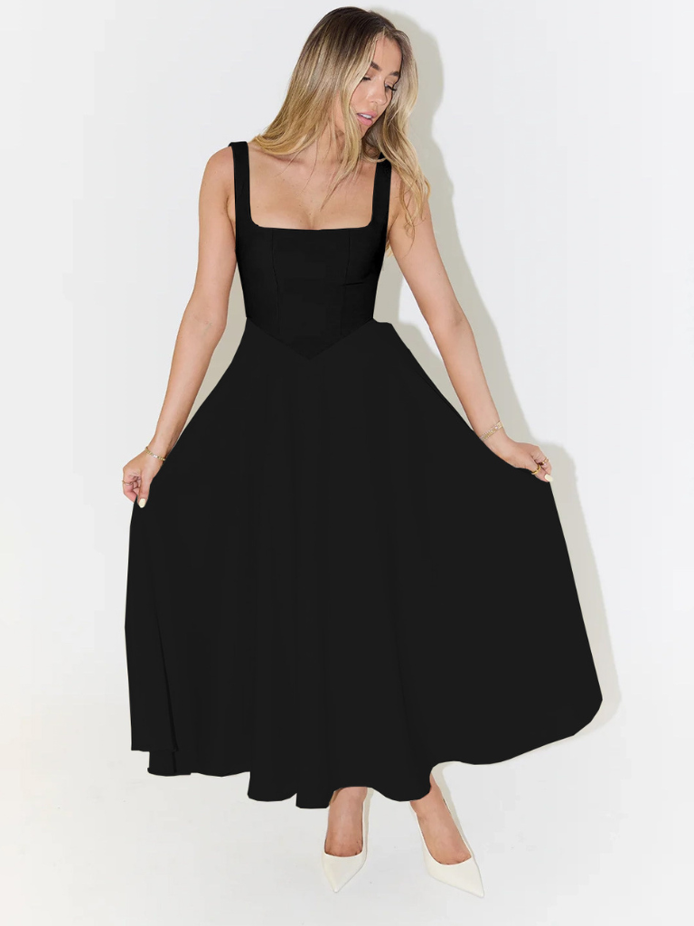 Femme Robe Midi sans Manches avec Décolleté Carré et Jupe Évasée