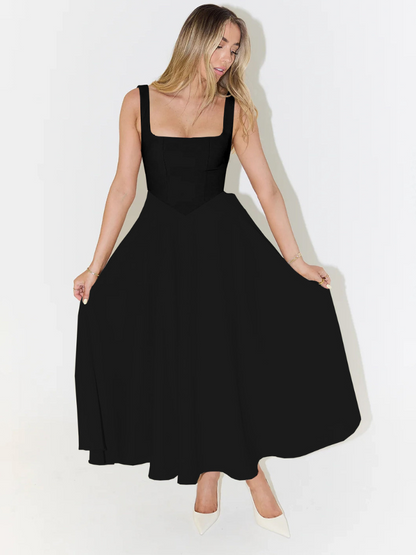 Femme Robe Midi sans Manches avec Décolleté Carré et Jupe Évasée