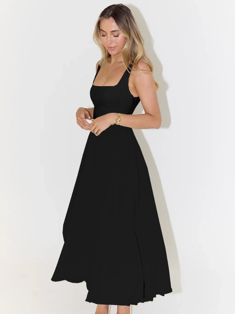 Femme Robe Midi sans Manches avec Décolleté Carré et Jupe Évasée