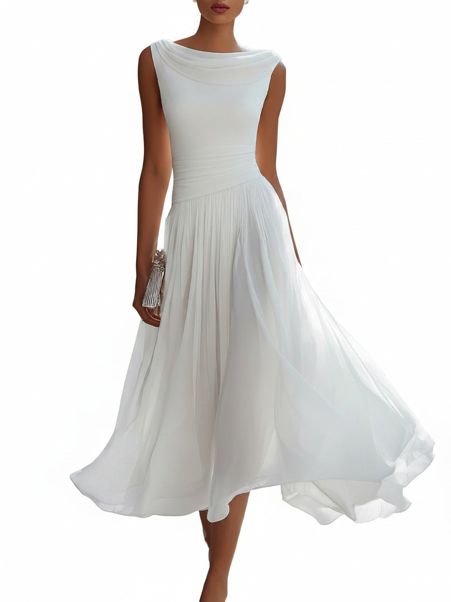Femme Robe Midi Sans Manches col Drapé et Jupe Plissée Ligne A