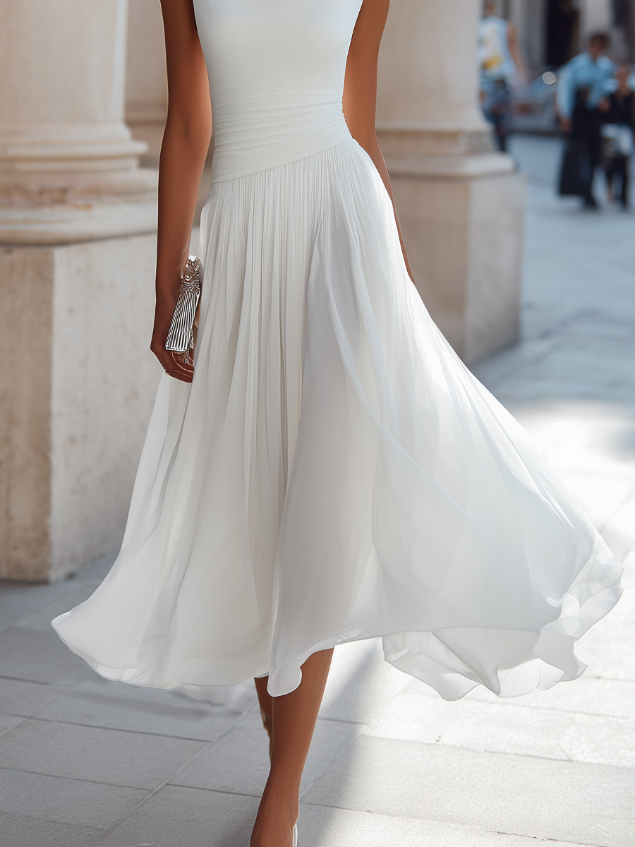 Femme Robe Midi Sans Manches col Drapé et Jupe Plissée Ligne A
