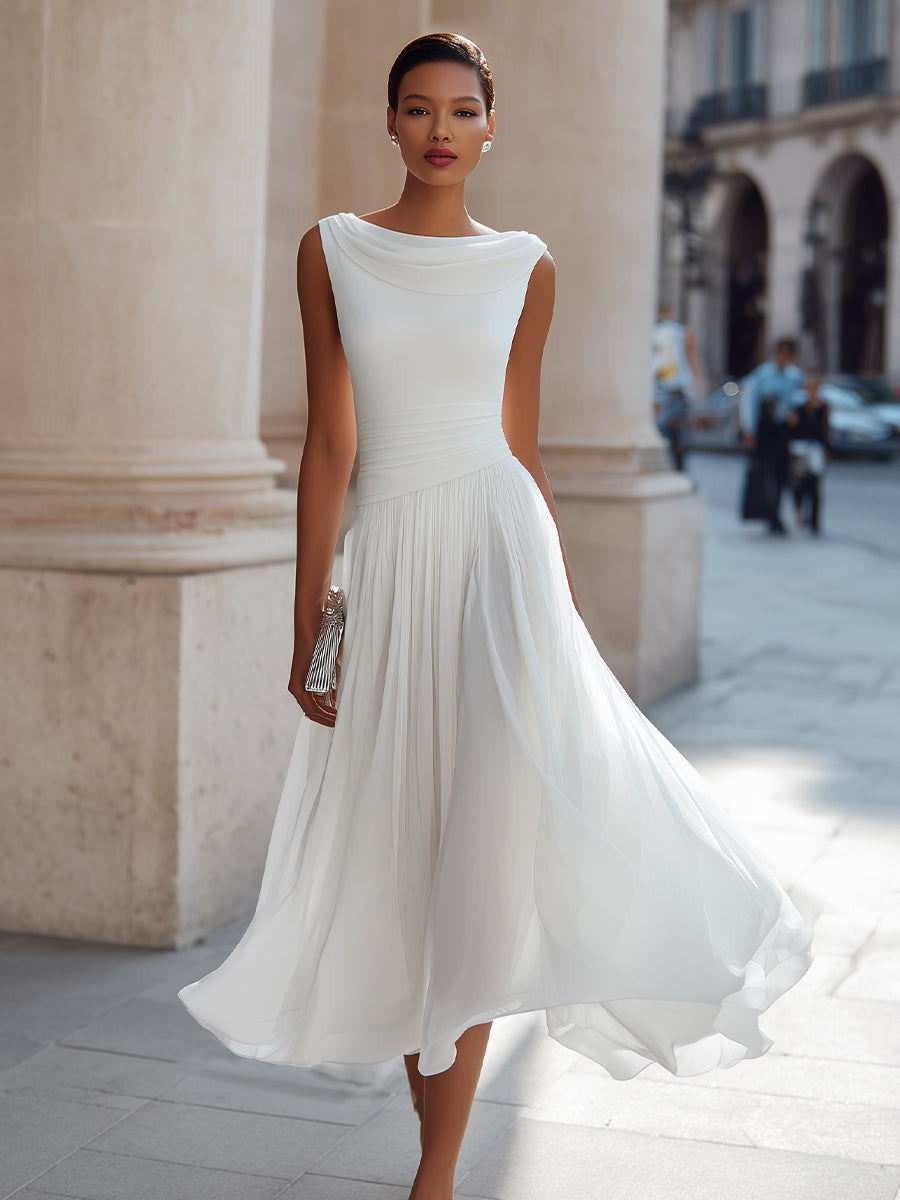 Femme Robe Midi Sans Manches col Drapé et Jupe Plissée Ligne A