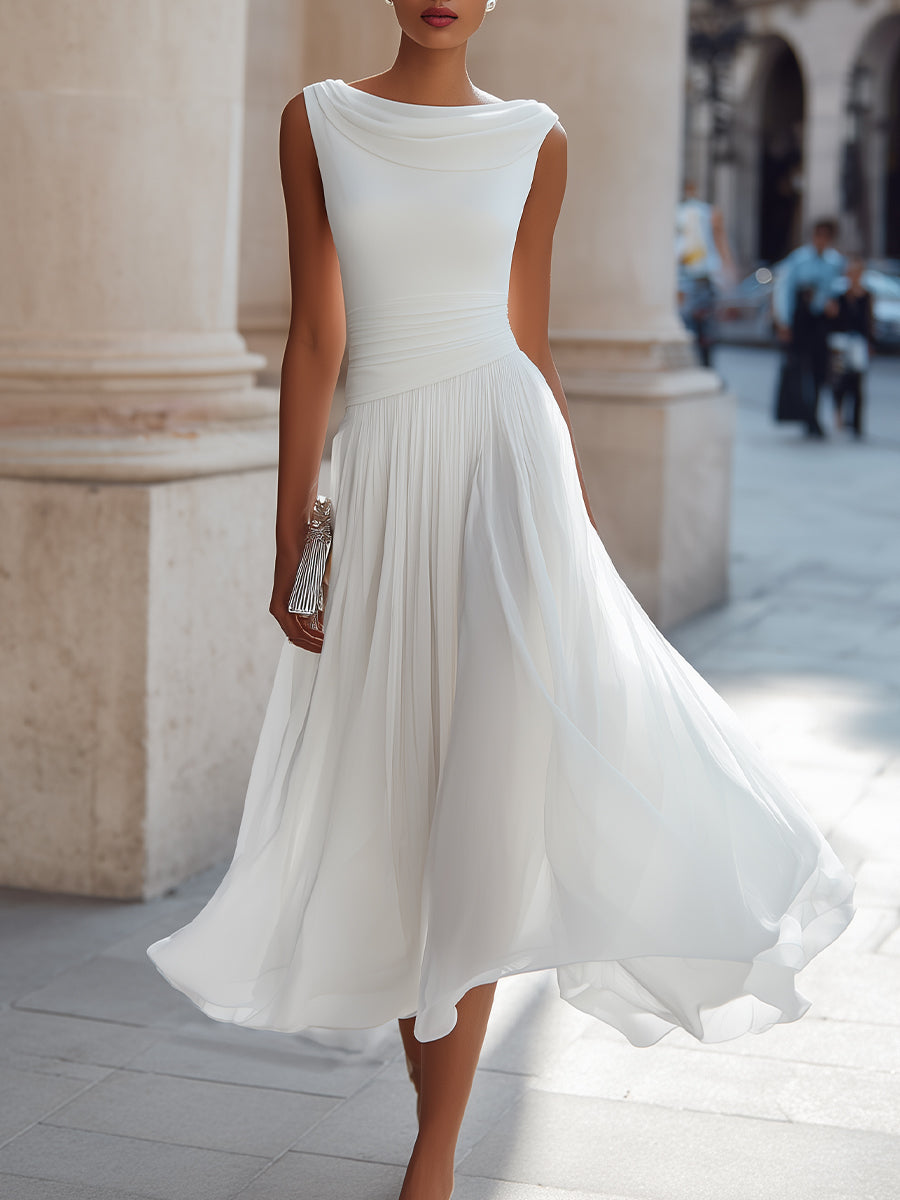 Femme Robe Midi Sans Manches col Drapé et Jupe Plissée Ligne A