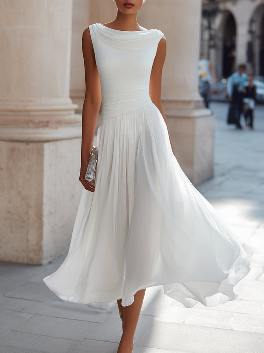 Femme Robe Midi Sans Manches col Drapé et Jupe Plissée Ligne A