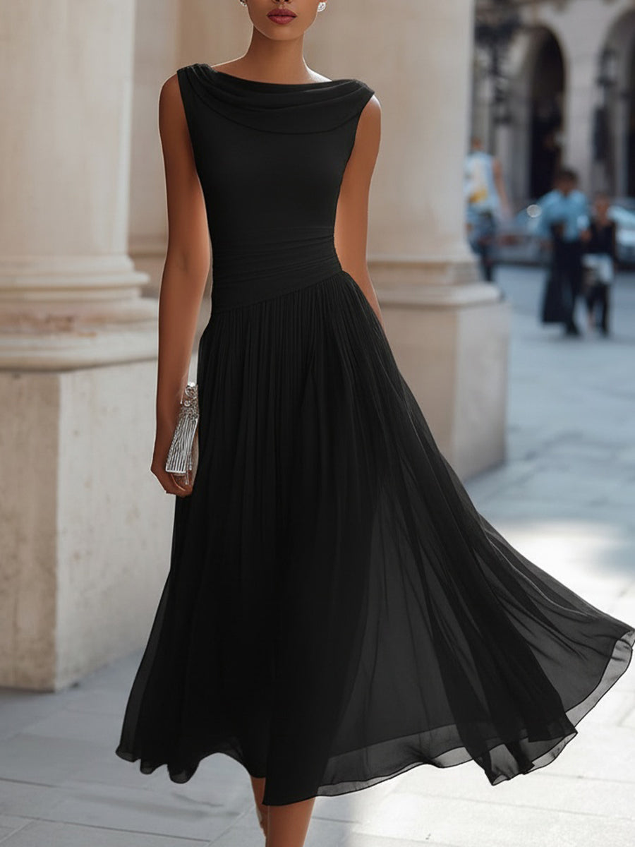 Femme Robe Midi Sans Manches col Drapé et Jupe Plissée Ligne A