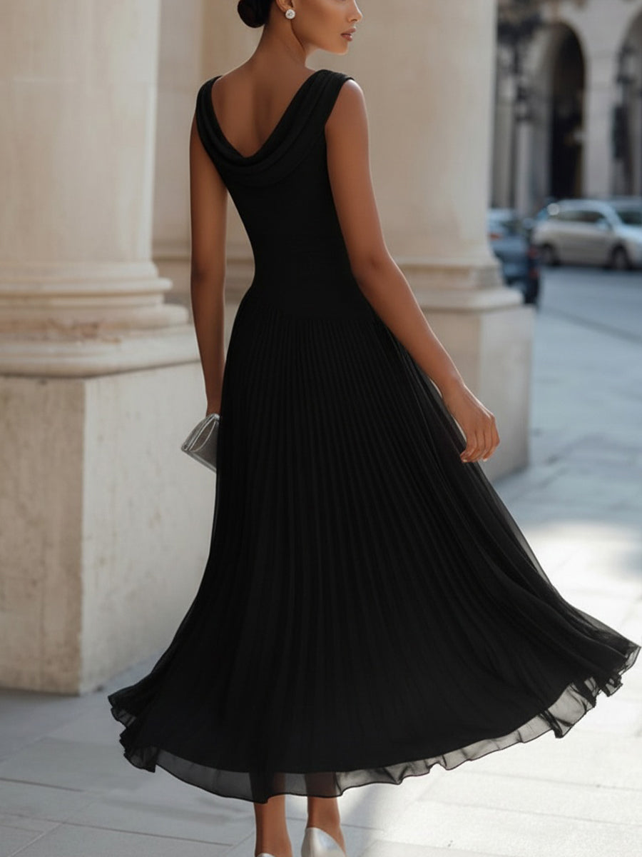 Femme Robe Midi Sans Manches col Drapé et Jupe Plissée Ligne A