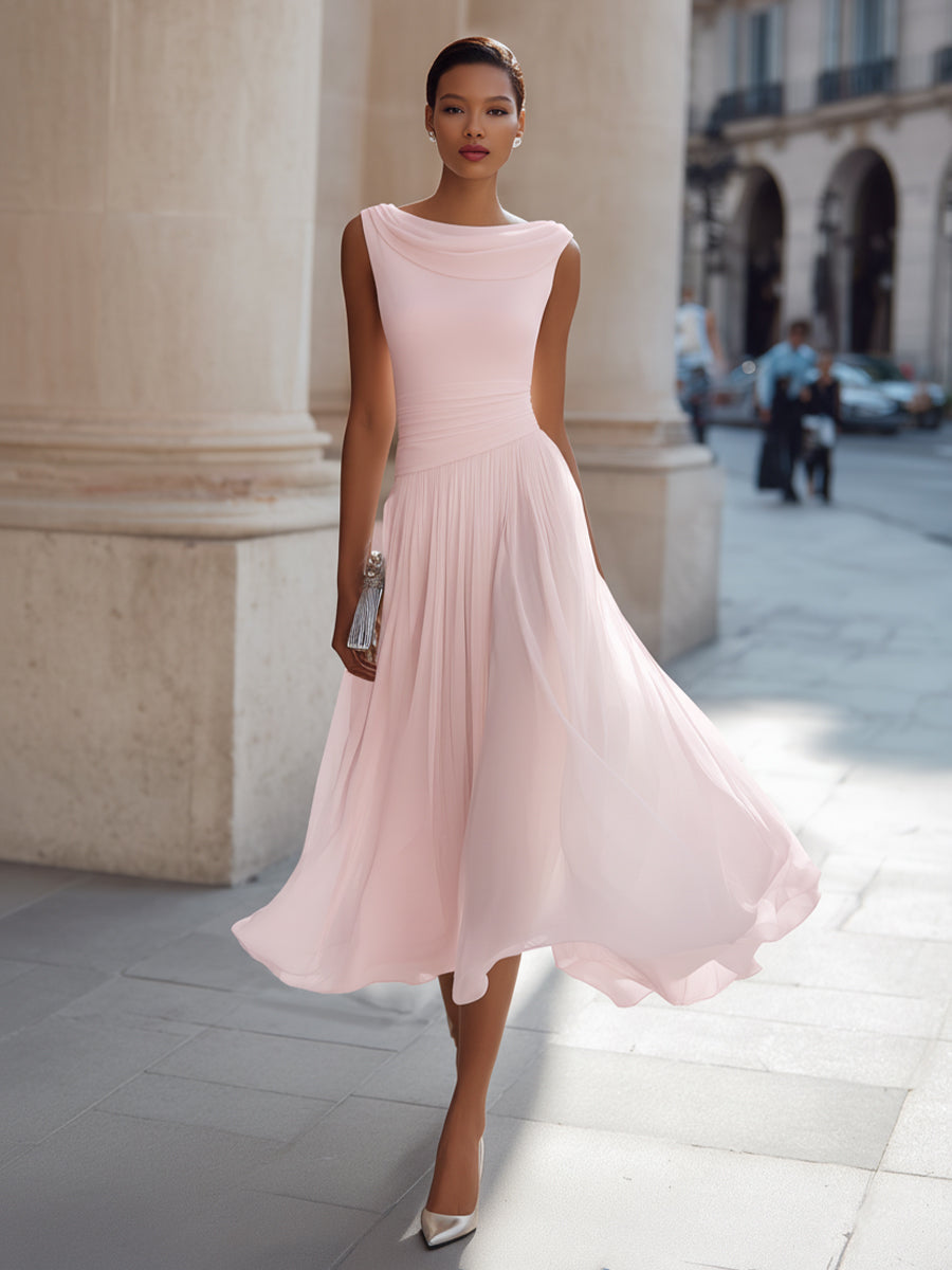 Femme Robe Midi Sans Manches col Drapé et Jupe Plissée Ligne A