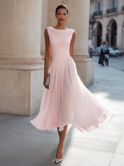 Femme Robe Midi Sans Manches col Drapé et Jupe Plissée Ligne A