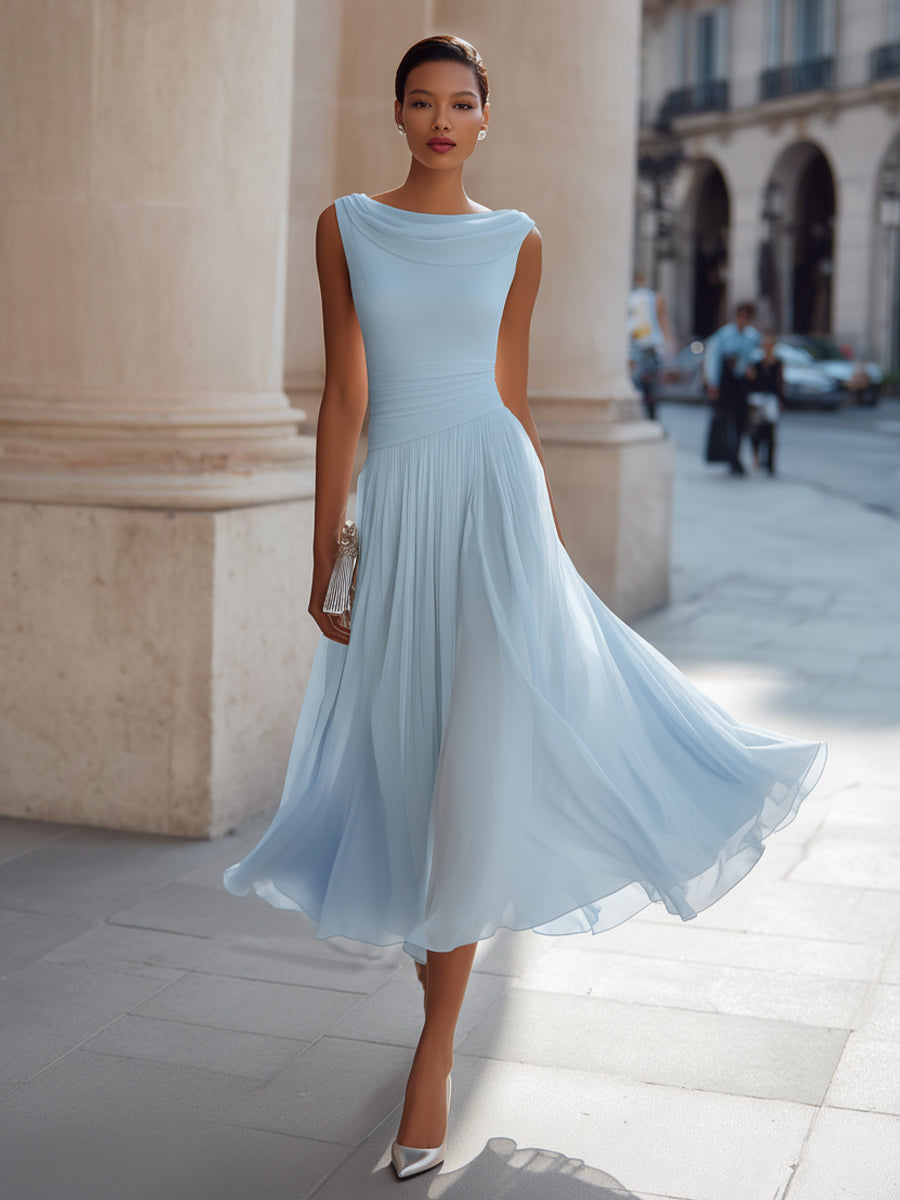 Femme Robe Midi Sans Manches col Drapé et Jupe Plissée Ligne A
