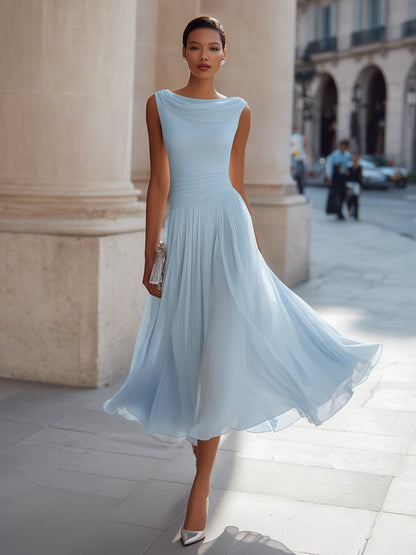 Femme Robe Midi Sans Manches col Drapé et Jupe Plissée Ligne A