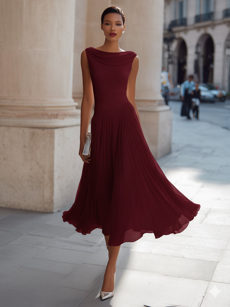 Femme Robe Midi Sans Manches col Drapé et Jupe Plissée Ligne A