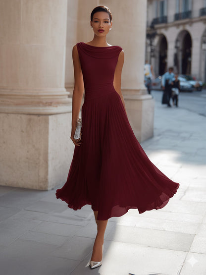 Femme Robe Midi Sans Manches col Drapé et Jupe Plissée Ligne A