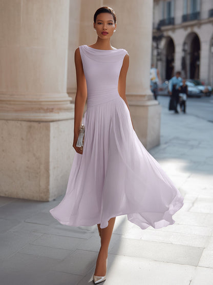 Femme Robe Midi Sans Manches col Drapé et Jupe Plissée Ligne A
