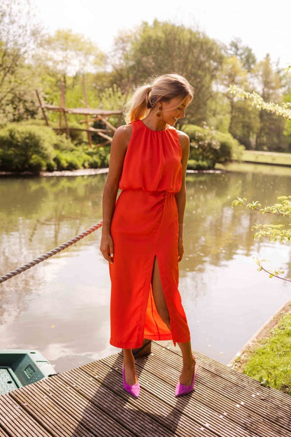 Femme Robe Midi sans Manches col Rond avec Fente Latérale