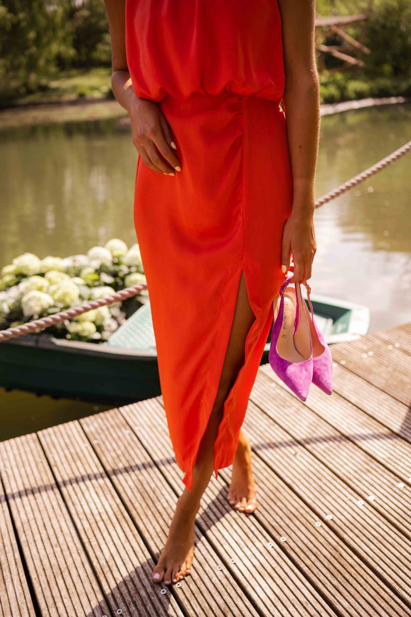 Femme Robe Midi sans Manches col Rond avec Fente Latérale