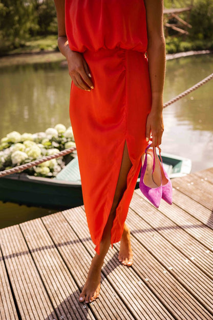 Femme Robe Midi sans Manches col Rond avec Fente Latérale