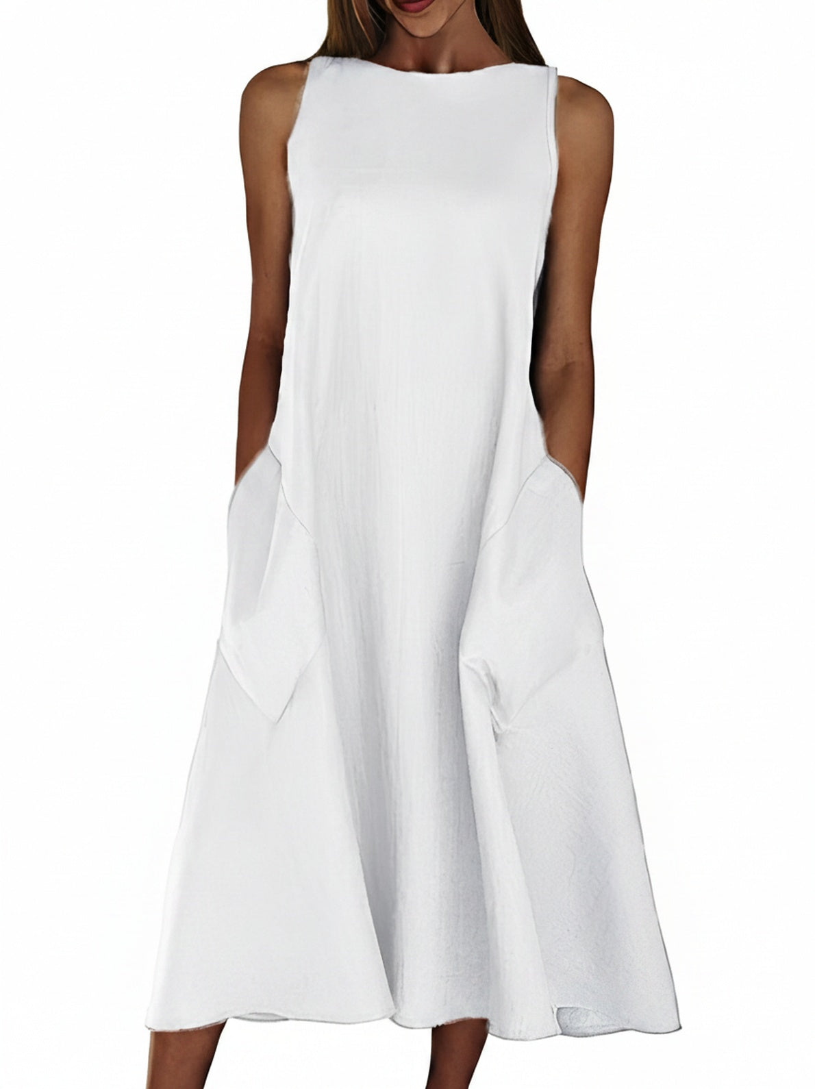 Femme Robe Midi sans Manches col Rond avec Poches