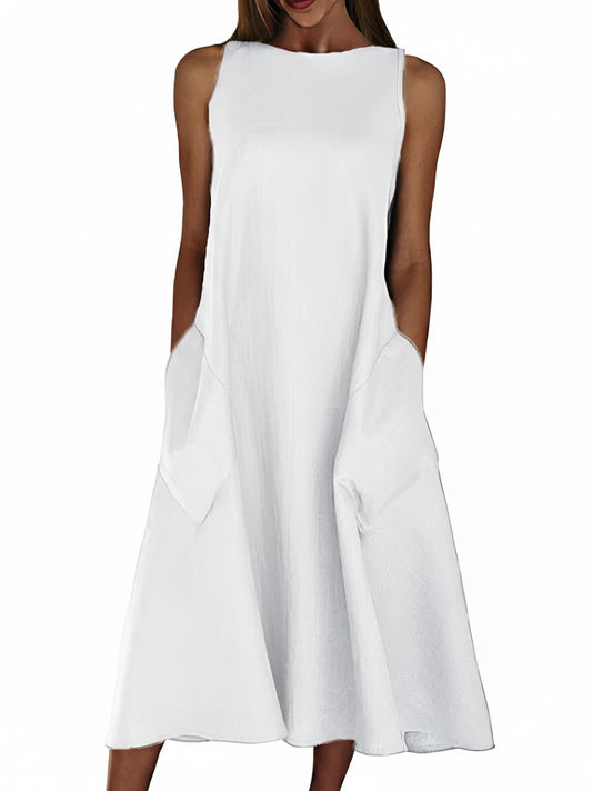 Femme Robe Midi sans Manches col Rond avec Poches