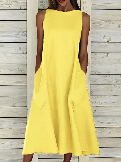 Femme Robe Midi sans Manches col Rond avec Poches