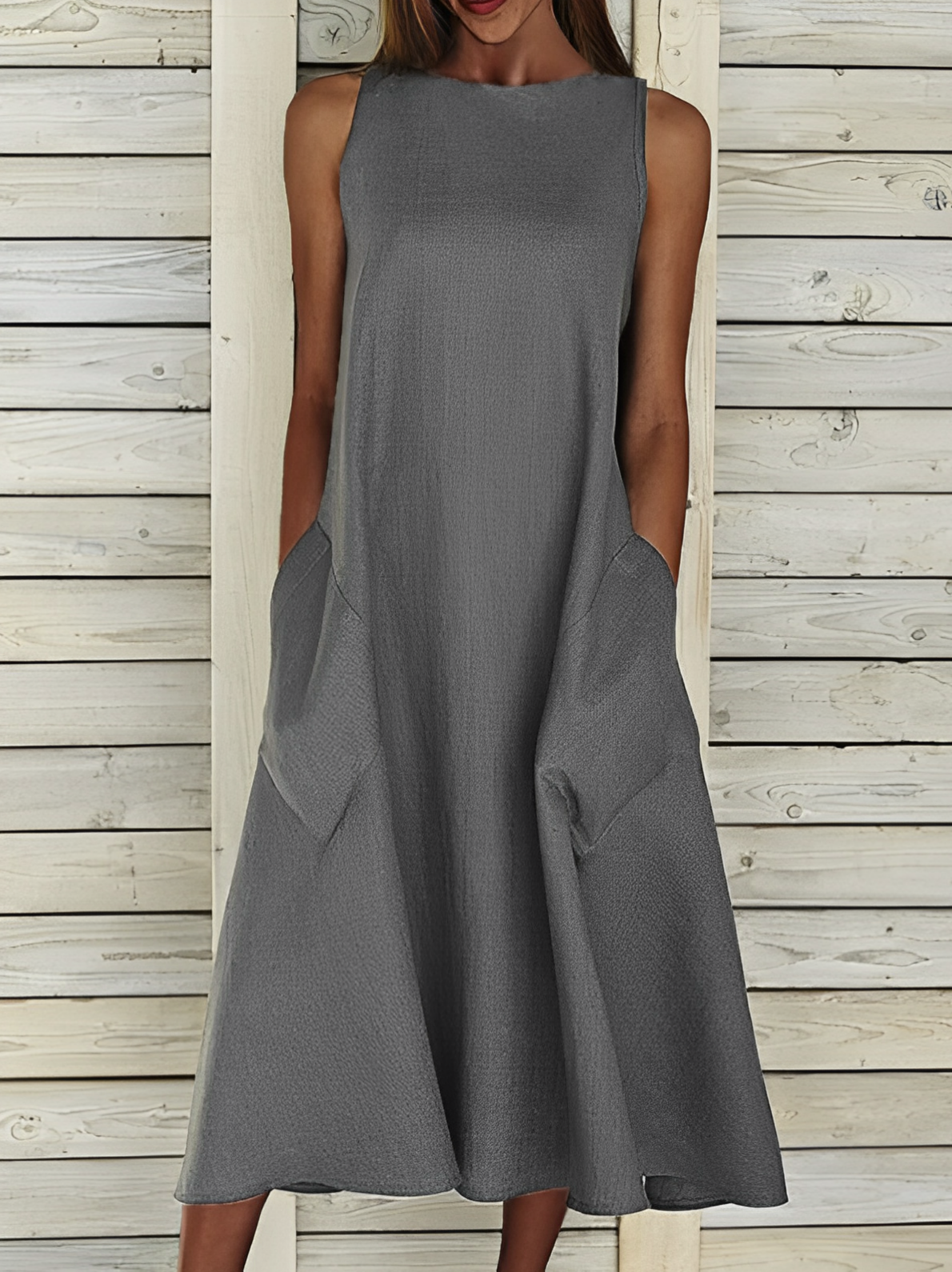 Femme Robe Midi sans Manches col Rond avec Poches