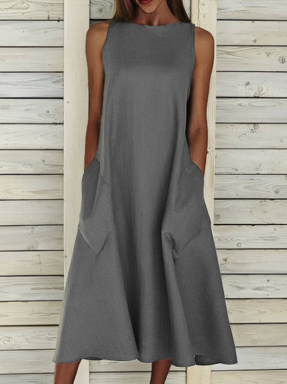 Femme Robe Midi sans Manches col Rond avec Poches